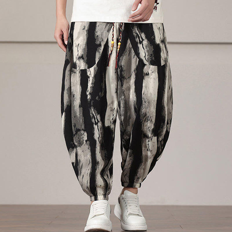 Buddha Stones Stripe Pattern Drawstring Men's Harem Pants With Pockets - Black - US/UK/AU46,EU56 (5XL) - image 0
