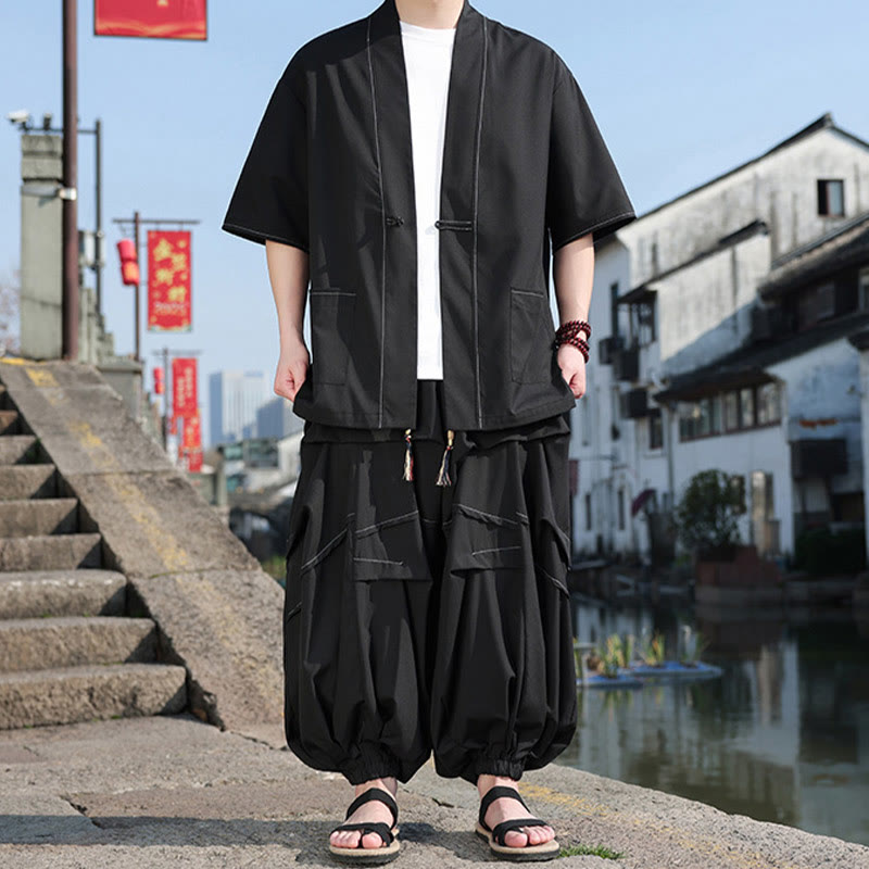 Buddha Stones 2Pcs Black Frog-Button Cotton Men's Kimono Jacket Drawstring Wide Leg Pants With Pockets - Black - US/UK/AU46,EU56 (5XL) - image 0