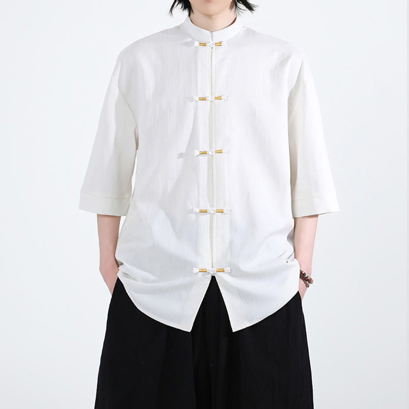 Buddha Stones Pure Color Frog-Button Half Sleeve Linen Men's Shirt - White - US/UK/AU46,EU56 (5XL) - image 0