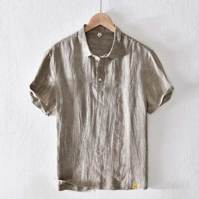 Buddha Stones Simple Design Short Sleeve Lapel Linen Half Button Men's Shirt - DarkKhaki - US/UK/AU42,EU52 (3XL) - image 0