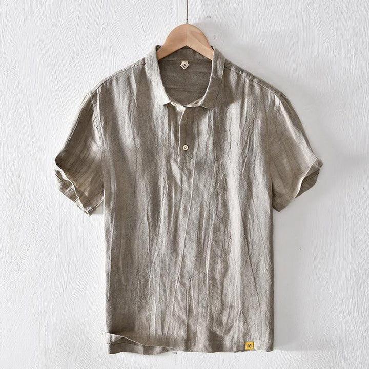 Buddha Stones Simple Design Short Sleeve Lapel Linen Half Button Men's Shirt - DarkKhaki - US/UK/AU42,EU52 (3XL) - image 0