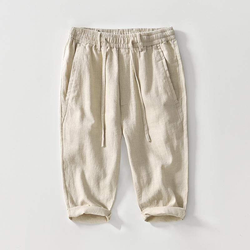Buddha Stones Drawstring Simple Design 7-8 Length Cotton Linen Men's Pants With Pockets - Beige - US/UK/AU42,EU52 (3XL) - image 0