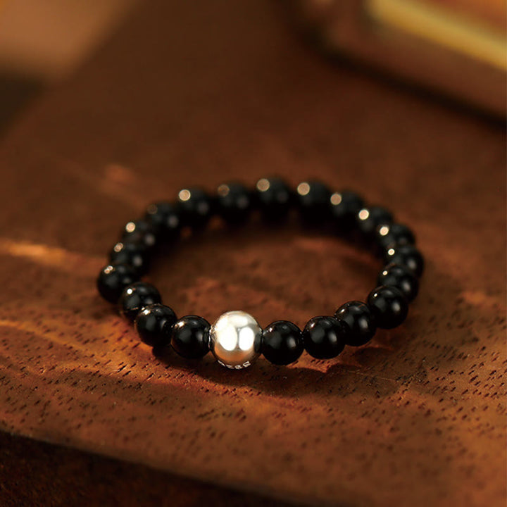 Buddha Stones 925 Sterling Silver Crystal Beads White Jade Black Onyx Blessing Elastic Ring
