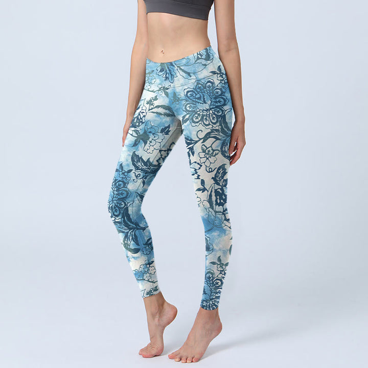 Buddha Stones Peony Chrysanthemum Print Gym Leggings Women's Yoga Pants - DodgerBlue - US18,UK/AU22,EU50 (4XL) - image 1