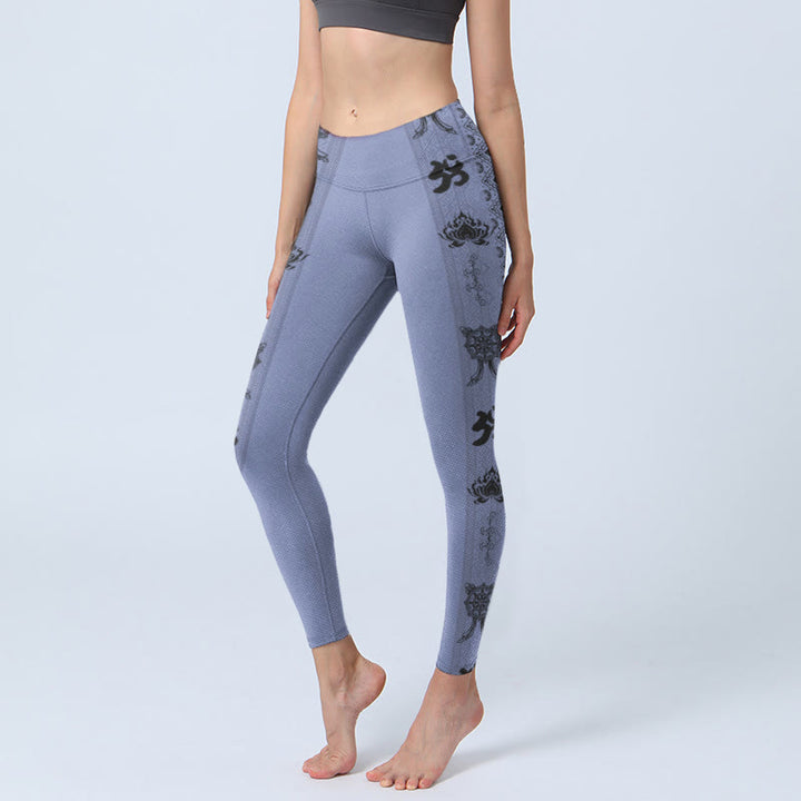 Buddha Stones Blue Stitching Sanskrit Word Om Lotus Pattern Print Gym Leggings Women's Yoga Pants - SteelBlue - US18,UK/AU22,EU50 (4XL) - image 1