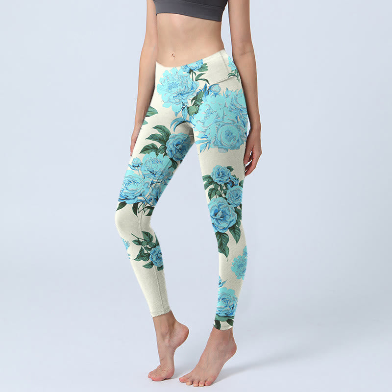 Buddha Stones White Stitching Peony Flowers Leaves Pattern Print Gym Leggings Women's Yoga Pants - Ivory - US18,UK/AU22,EU50 (4XL) - image 1