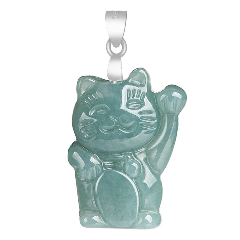 Buddha Stones 925 Sterling Silver Natural Jade Lucky Cat Abundance Necklace Pendant - image 5