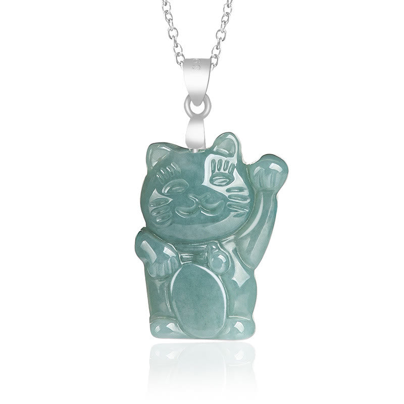 Buddha Stones 925 Sterling Silver Natural Jade Lucky Cat Abundance Necklace Pendant - Jade - image 1