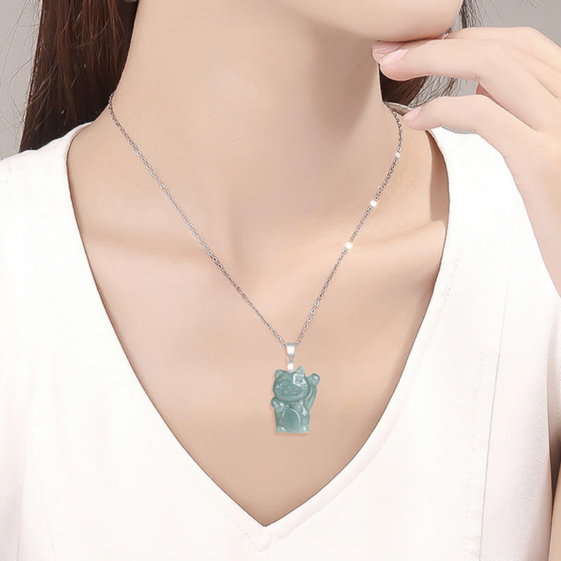 Buddha Stones 925 Sterling Silver Natural Jade Lucky Cat Abundance Necklace Pendant - image 8