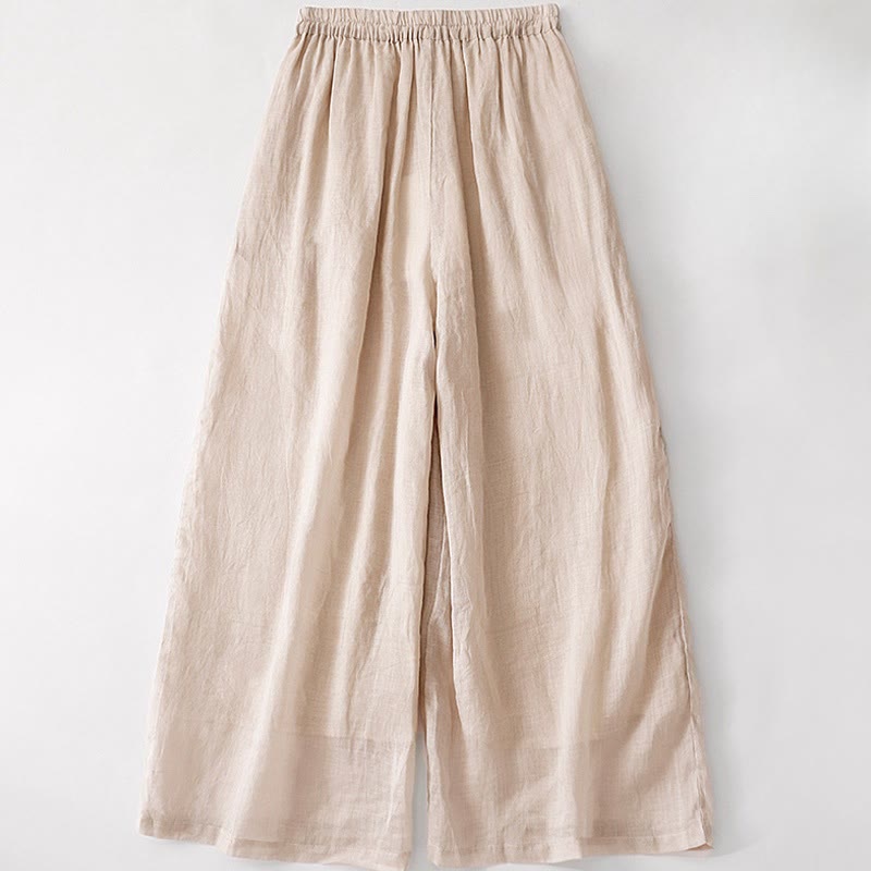 Buddha Stones Summer Embroidery Double Layer Cotton Linen Women's Wide Leg Pants With Pockets