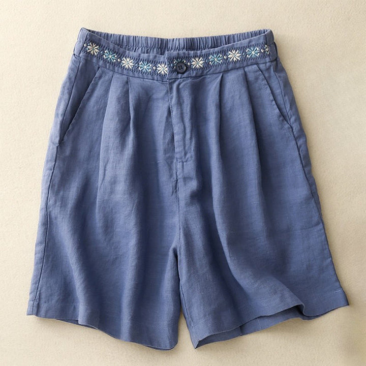 Buddha Stones Summer Casual Embroidery Flower Pleated Zipper Button Cotton Linen Women's Shorts With Pockets - RoyalBlue - US8-10,UK/AU12-14,EU40-42 (2XL) - image 0