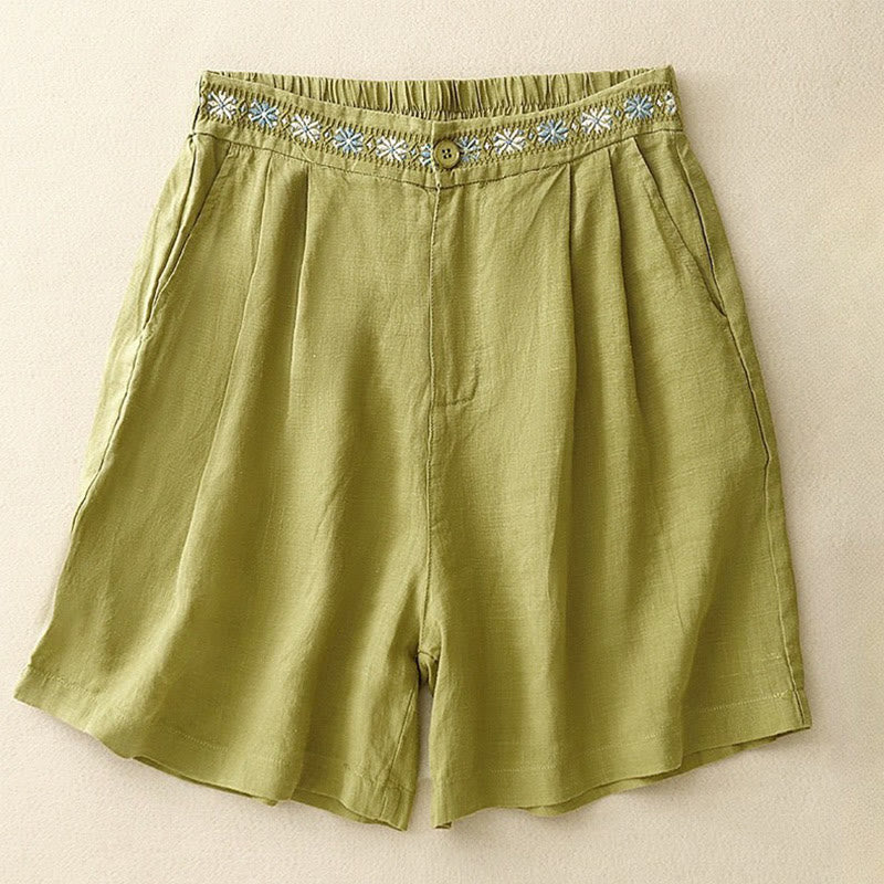 Buddha Stones Summer Casual Embroidery Flower Pleated Zipper Button Cotton Linen Women's Shorts With Pockets - YellowGreen - US8-10,UK/AU12-14,EU40-42 (2XL) - image 4
