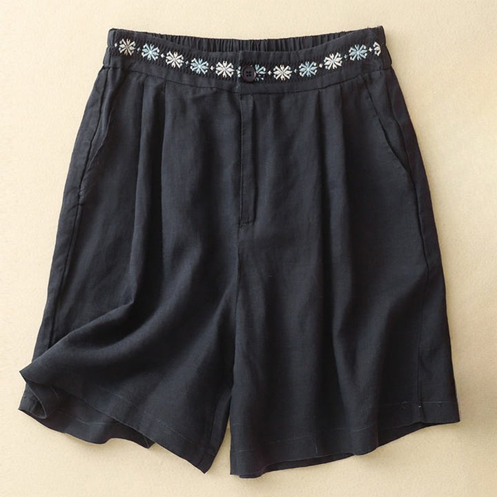 Buddha Stones Summer Casual Embroidery Flower Pleated Zipper Button Cotton Linen Women's Shorts With Pockets - Black - US8-10,UK/AU12-14,EU40-42 (2XL) - image 17