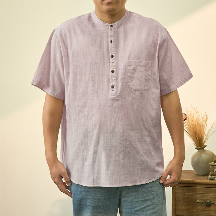 Buddha Stones Men's Summer Solid Color Short Sleeve Half Button Cotton Linen Shirt - Linen - US/UK/AU40,EU50 (2XL) - image 19