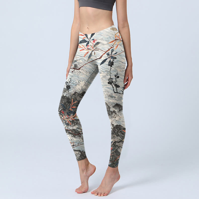 Buddha Stones Waves Rocks Trees Print Gym Fitness Leggings Women's Yoga Pants - Beige - US18,UK/AU22,EU50 (4XL) - image 1