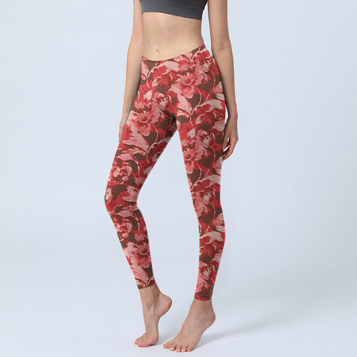 Buddha Stones Red Flowers Print Sports Fitness Leggings Women's Yoga Pants - Salmon - US18,UK/AU22,EU50 (4XL) - image 1