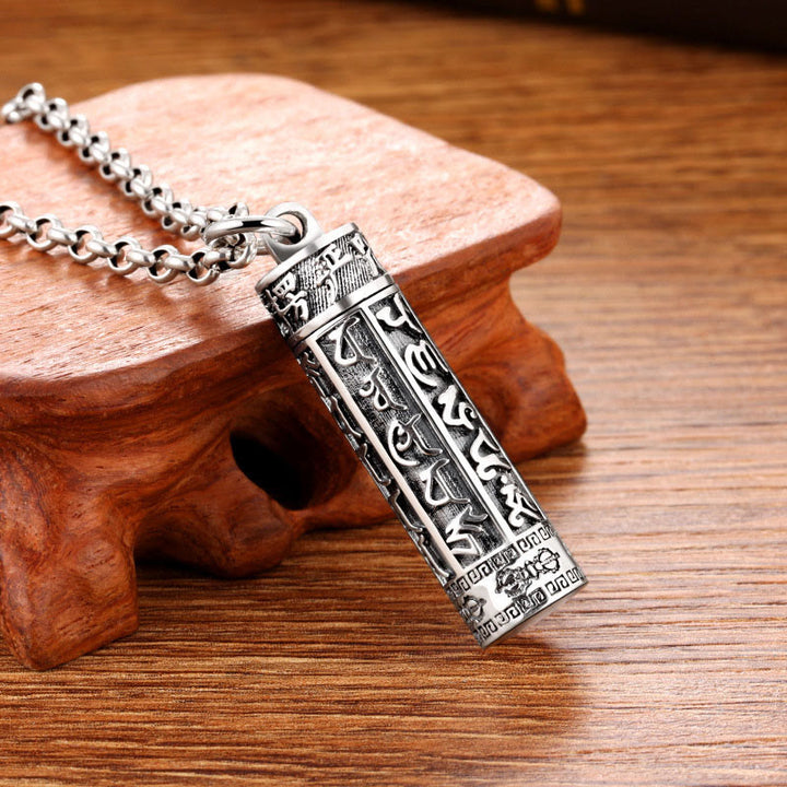 Buddha Stones Tibetan Om Mani Padme Hum Copper Plated Silver Shurangama Mantra Vajra Pattern Peace Necklace Pendant - Silvery - image 1