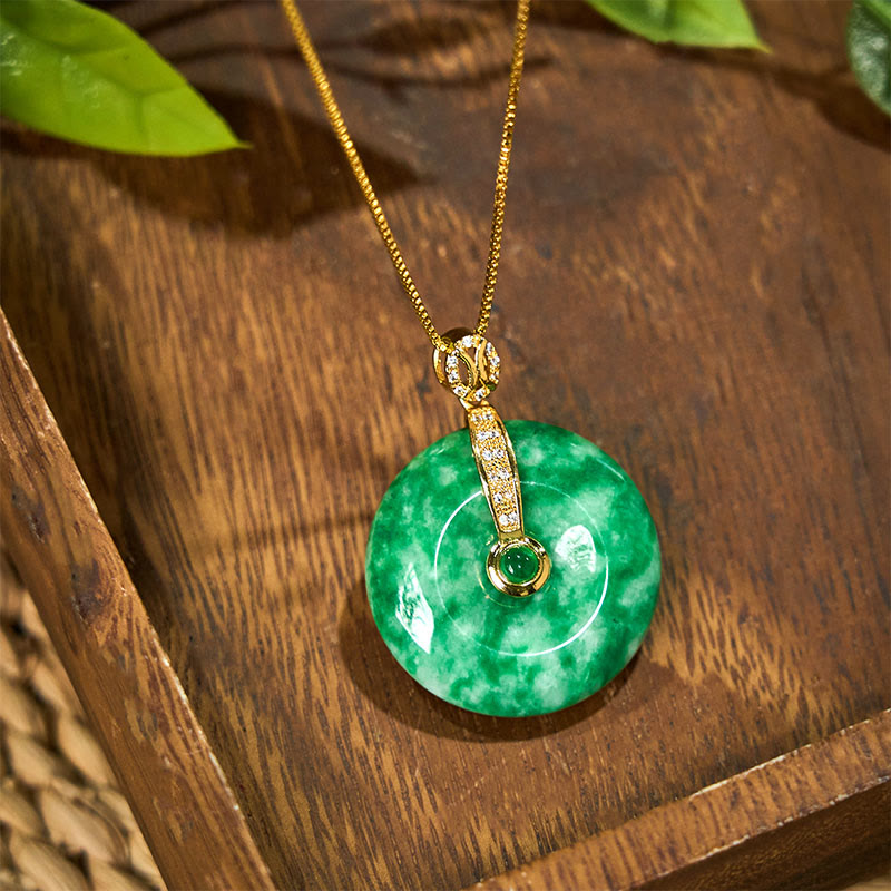 Buddha Stones Natural Cyan Jade Peace Buckle Healing Necklace Pendant