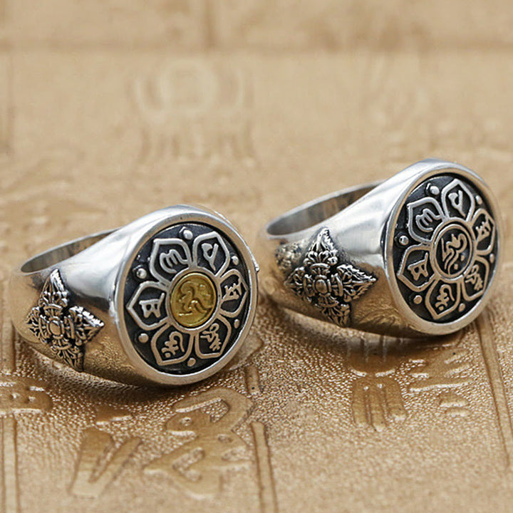 Buddha Stones Tibetan Om Mani Padme Hum Vajra Pattern Copper Focus Rotatable Ring