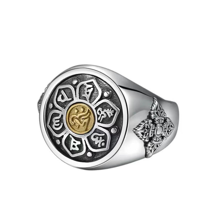 Buddha Stones Tibetan Om Mani Padme Hum Vajra Pattern Copper Focus Rotatable Ring