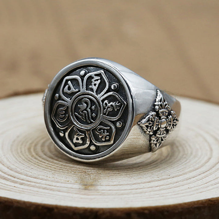 Buddha Stones Tibetan Om Mani Padme Hum Vajra Pattern Copper Focus Rotatable Ring