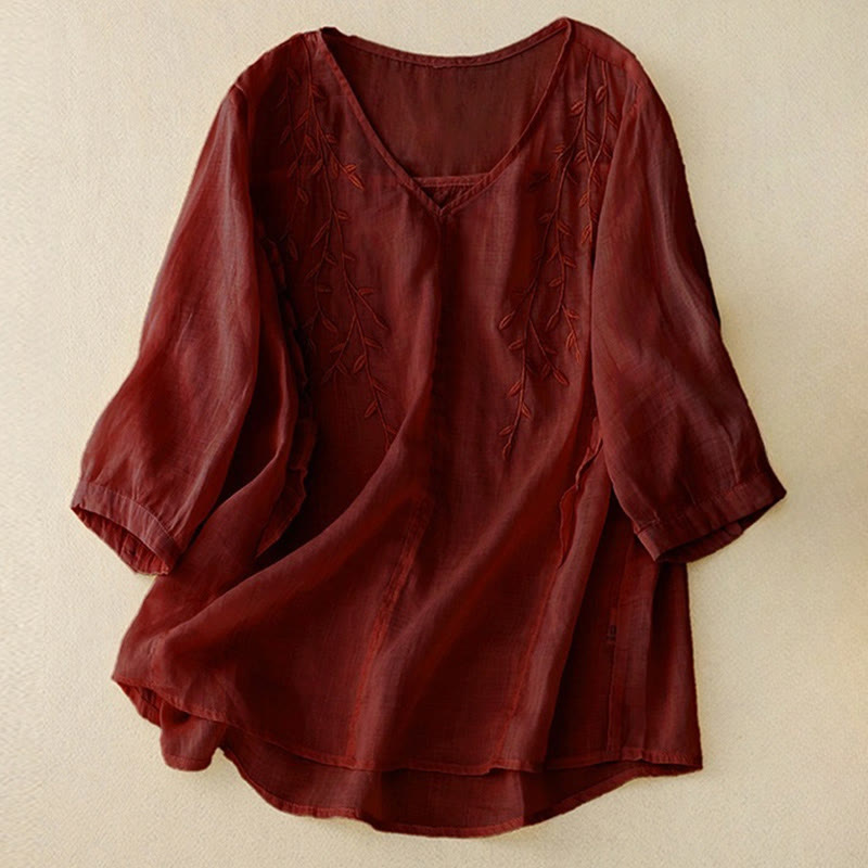 Buddha Stones Casual Plain Embroidery Willow Leaf Half Sleeve V-neck Women's Shirt - Brown - US8-10,UK/AU12-14,EU40-42 (2XL) - image 8