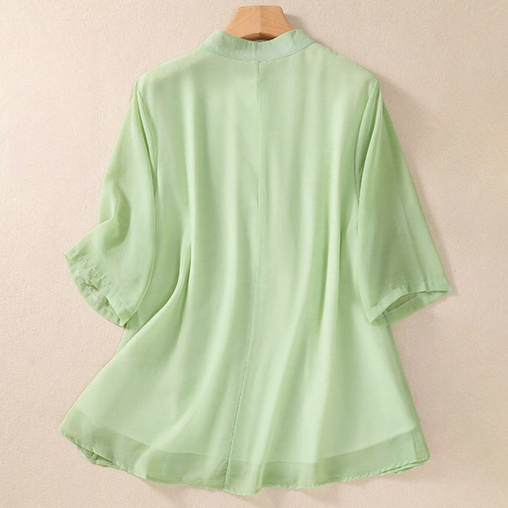 Buddha Stones Embroidery Plants Flower Half Sleeve Plain Frog-Button Stand Collar Women's Shirt