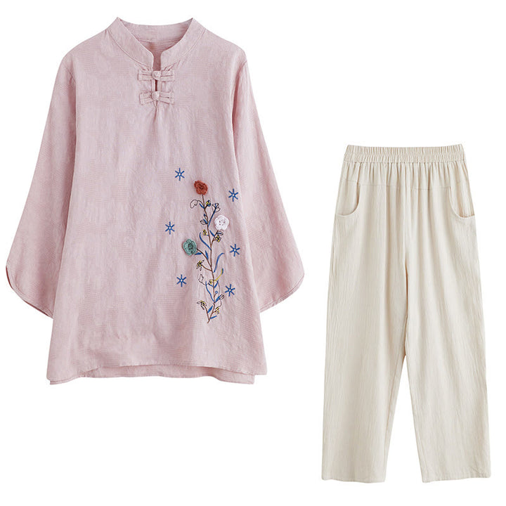 Buddha Stones Vintage Summer Stereoscopic Flower Embroidery Three Quarter Sleeve Frog-Button Cotton Linen Women's Shirt - image 16