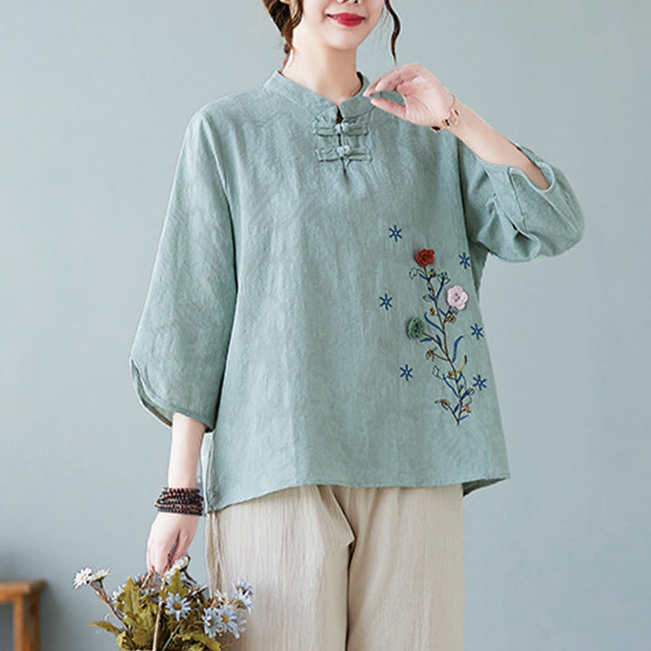 Buddha Stones Vintage Summer Stereoscopic Flower Embroidery Three Quarter Sleeve Frog-Button Cotton Linen Women's Shirt - image 20