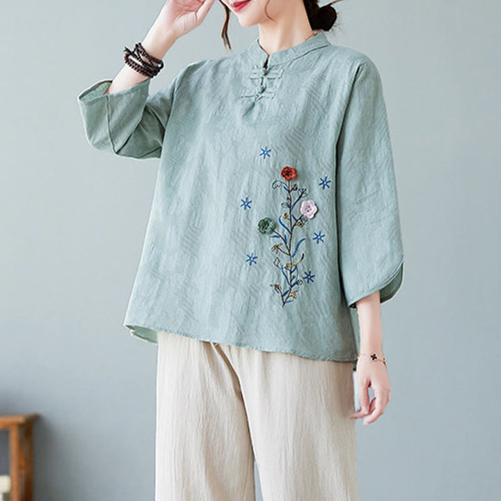 Buddha Stones Vintage Summer Stereoscopic Flower Embroidery Three Quarter Sleeve Frog-Button Cotton Linen Women's Shirt - image 22