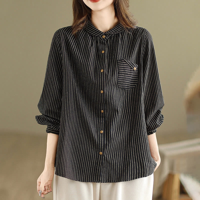 Buddha Stones Spring Causal Splice Design Striped Long Sleeve Button Lapel Cotton Linen Women's Shirt With Pocket - Black - US8-10,UK/AU12-14,EU40-42 (2XL) - image 0