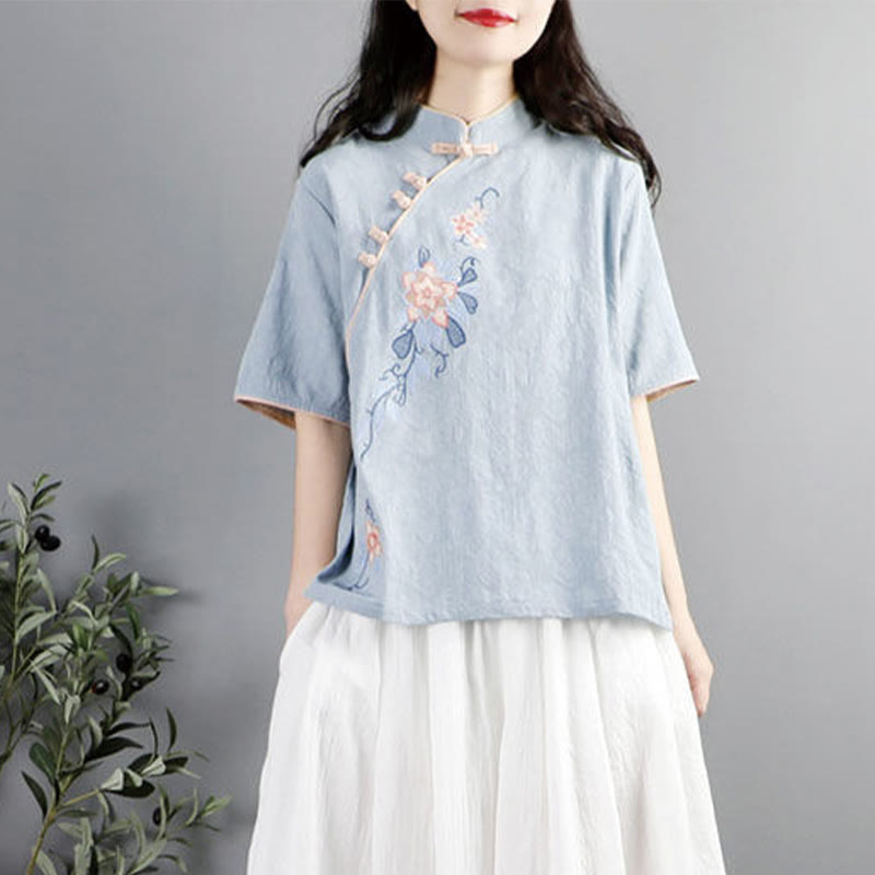Buddha Stones Summer Flower Embroidery Half Sleeve Frog-Button Mandarin Collar Cotton Linen Women's Shirt - LightSkyBlue - US12,UK/AU16,EU44 (3XL) - image 0