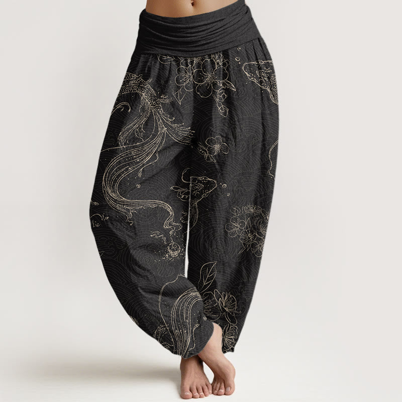 Buddha Stones Koi Fish Floral Pattern Women's Elastic Waist Harem Pants - Black - US22,UK/AU26,EU54 (6XL) - image 1