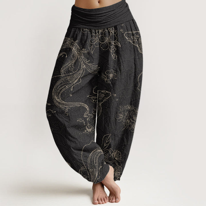 Buddha Stones Koi Fish Floral Pattern Women's Elastic Waist Harem Pants - Black - US22,UK/AU26,EU54 (6XL) - image 1