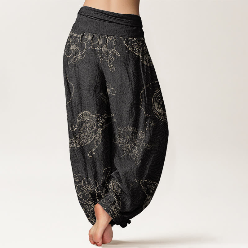 Buddha Stones Koi Fish Floral Pattern Women's Elastic Waist Harem Pants - image 3