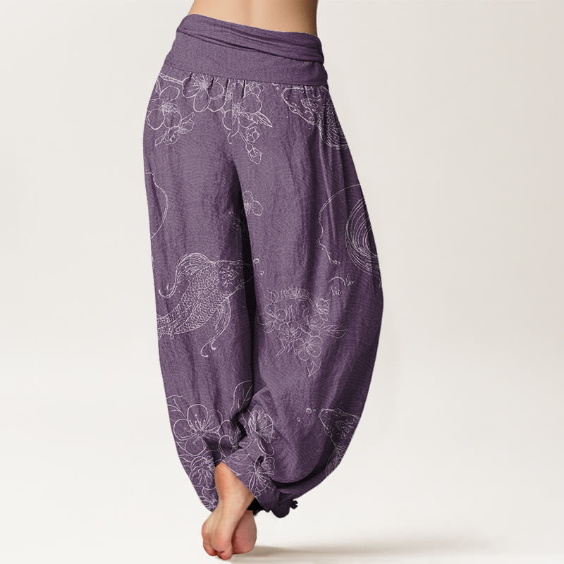 Buddha Stones Koi Fish Floral Pattern Women's Elastic Waist Harem Pants - image 7