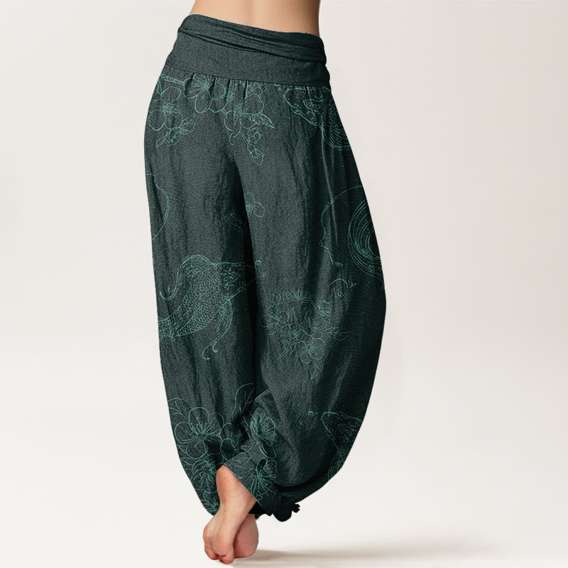 Buddha Stones Koi Fish Floral Pattern Women's Elastic Waist Harem Pants - image 10