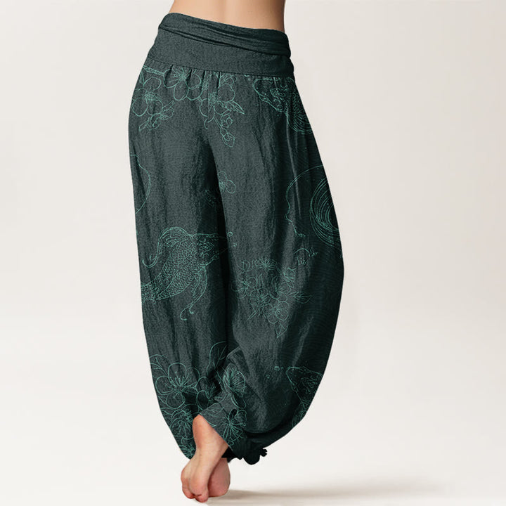 Buddha Stones Koi Fish Floral Pattern Women's Elastic Waist Harem Pants - image 10