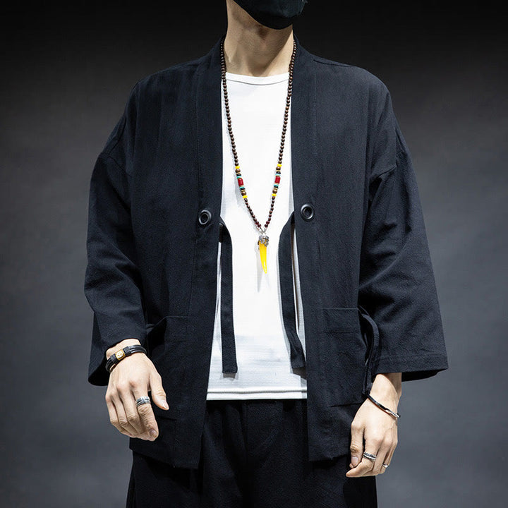 Buddha Stones Solid Color Lace-up Open Front Jacket Cotton Men's Kimono