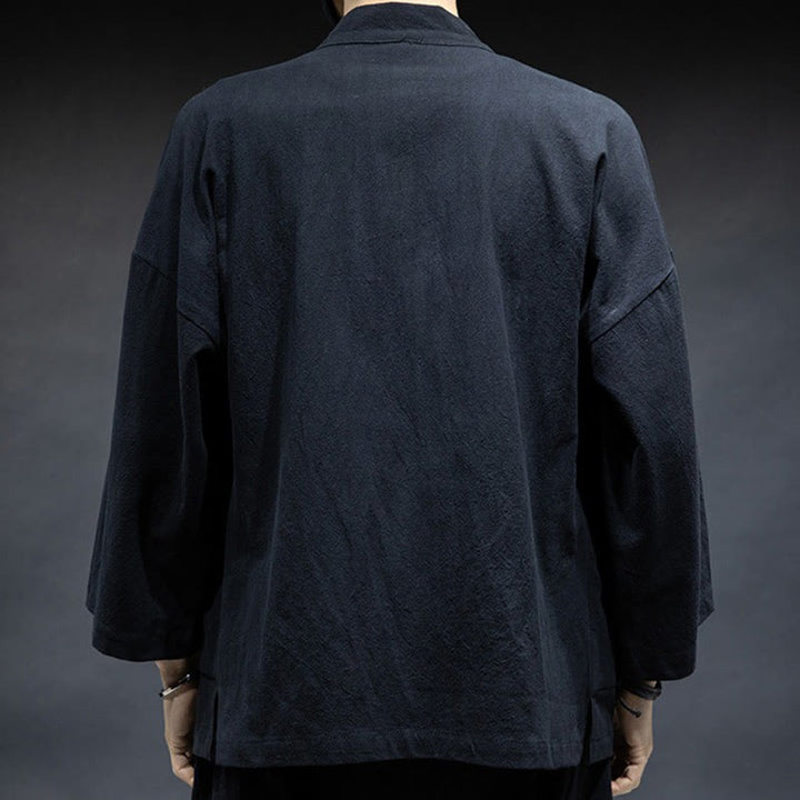 Buddha Stones Solid Color Lace-up Open Front Jacket Cotton Men's Kimono