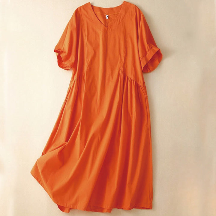 Buddha Stones Casual Pure Color Design Short Sleeve V-Neck Cotton Midi Dress With Pockets - OrangeRed - US8-10,UK/AU12-14,EU40-42 (2XL) - image 4
