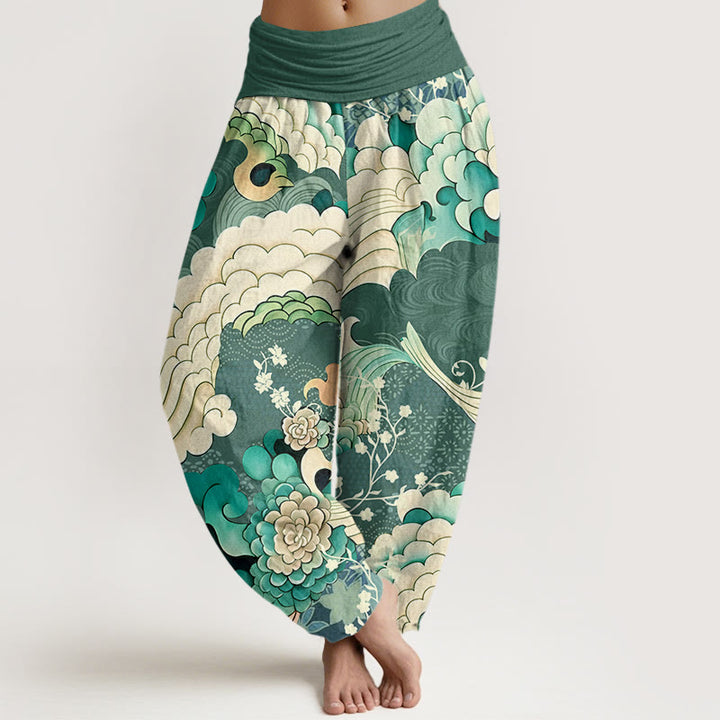 Buddha Stones Flower Wave Pattern Women's Elastic Waist Harem Pants - SeaGreen - US22,UK/AU26,EU54 (6XL) - image 1