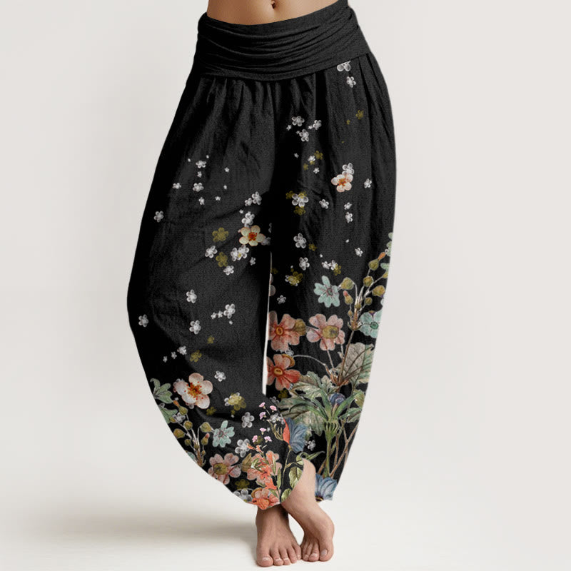 Buddha Stones Various Flowers Pattern Women's Elastic Waist Harem Pants - Black - US22,UK/AU26,EU54 (6XL) - image 1
