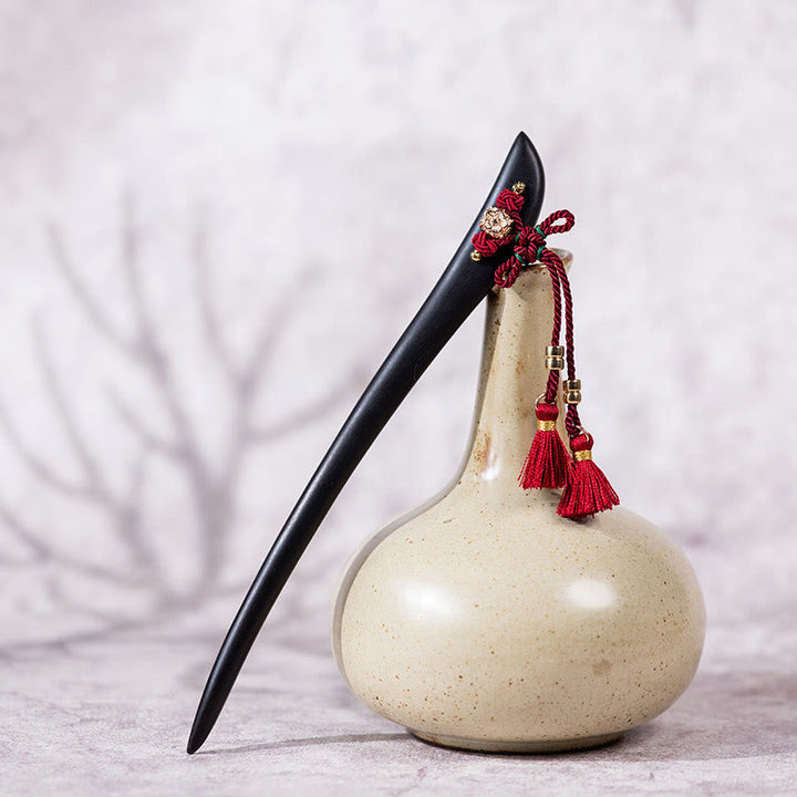 Buddha Stones Ebony Red String Chinese Knot Tassel Protection Hairpin