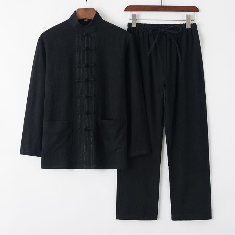 Buddha Stones 2Pcs Tang Suit Frog-Button Long Sleeve Shirt Pants Men's Set - Black - US/UK/AU42,EU52 (4XL) - image 12