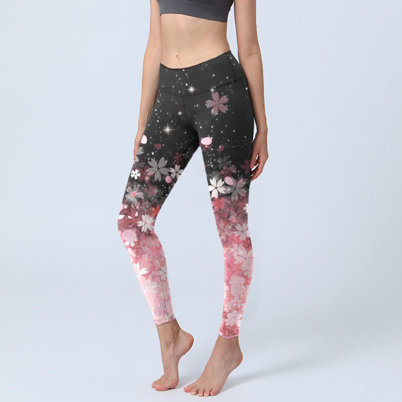 Buddha Stones Pink Cherry Blossoms Print Exercise Leggings Women's Yoga Pants - Black - US18,UK/AU22,EU50 (4XL) - image 1