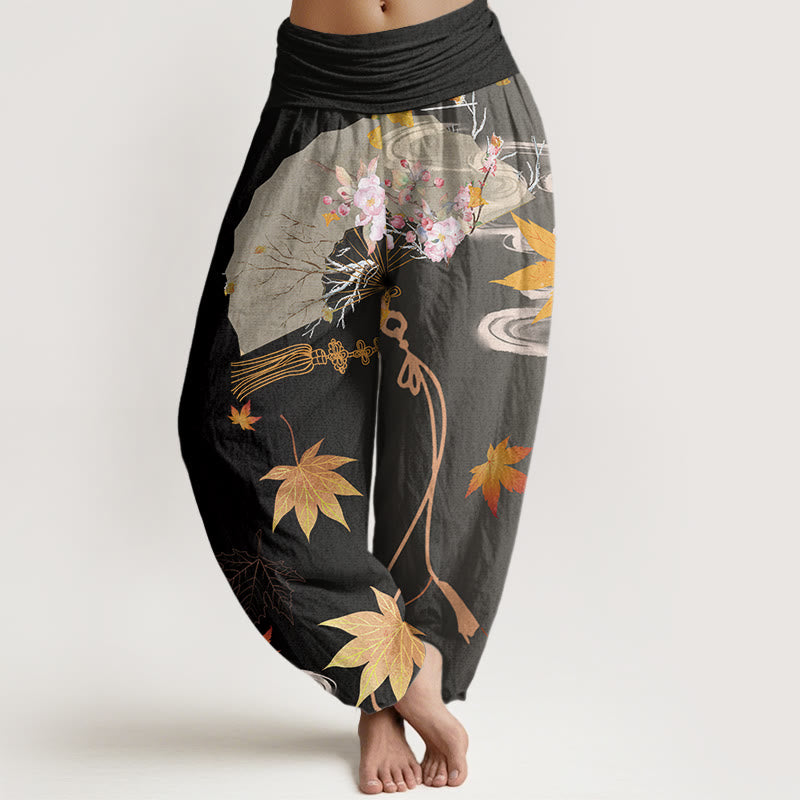 Buddha Stones Casual Folding Fan Flowers Maple Leaves Cloud Pattern Women's Elastic Waist Harem Pants - Black - US22,UK/AU26,EU54 (6XL) - image 1