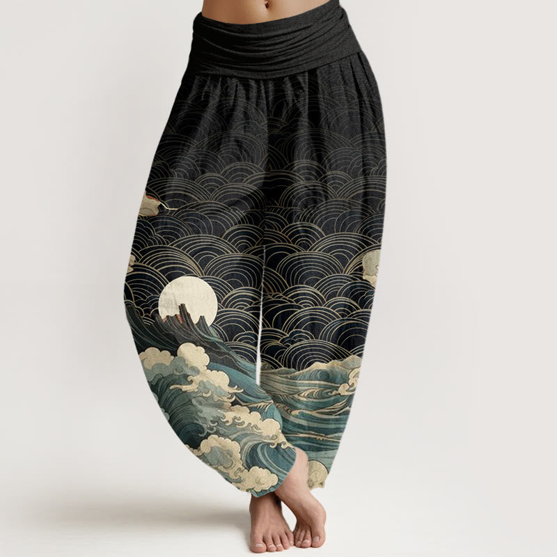 Buddha Stones Casual Wave Moon Mountain Pattern Women's Elastic Waist Harem Pants - Black - US22,UK/AU26,EU54 (6XL) - image 1
