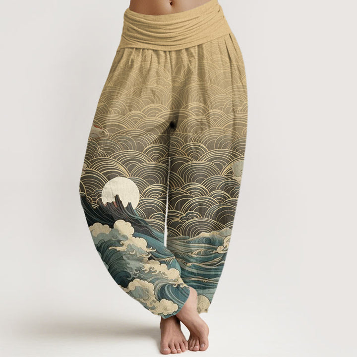 Buddha Stones Casual Wave Moon Mountain Pattern Women's Elastic Waist Harem Pants - Wheat - US22,UK/AU26,EU54 (6XL) - image 8