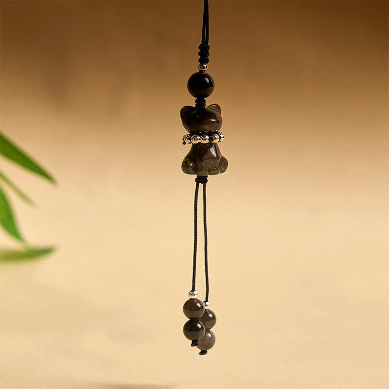 Buddha Stone Natural Silver Sheen Obsidian Noble Kitten Cat Soothing Phone Hanging Decoration - image 2
